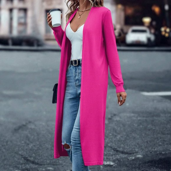 . Sweaters - Hot Pink Casual Womens Solid Open Front Cardigan
